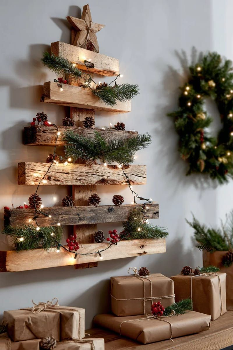 wooden pallet christmas tree wall art with string light accents 1