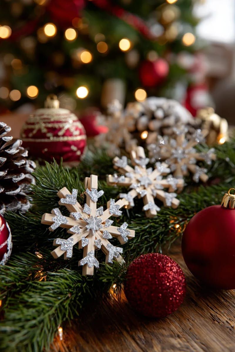 wooden clothespin snowflake ornaments dusted with silver glitter 1