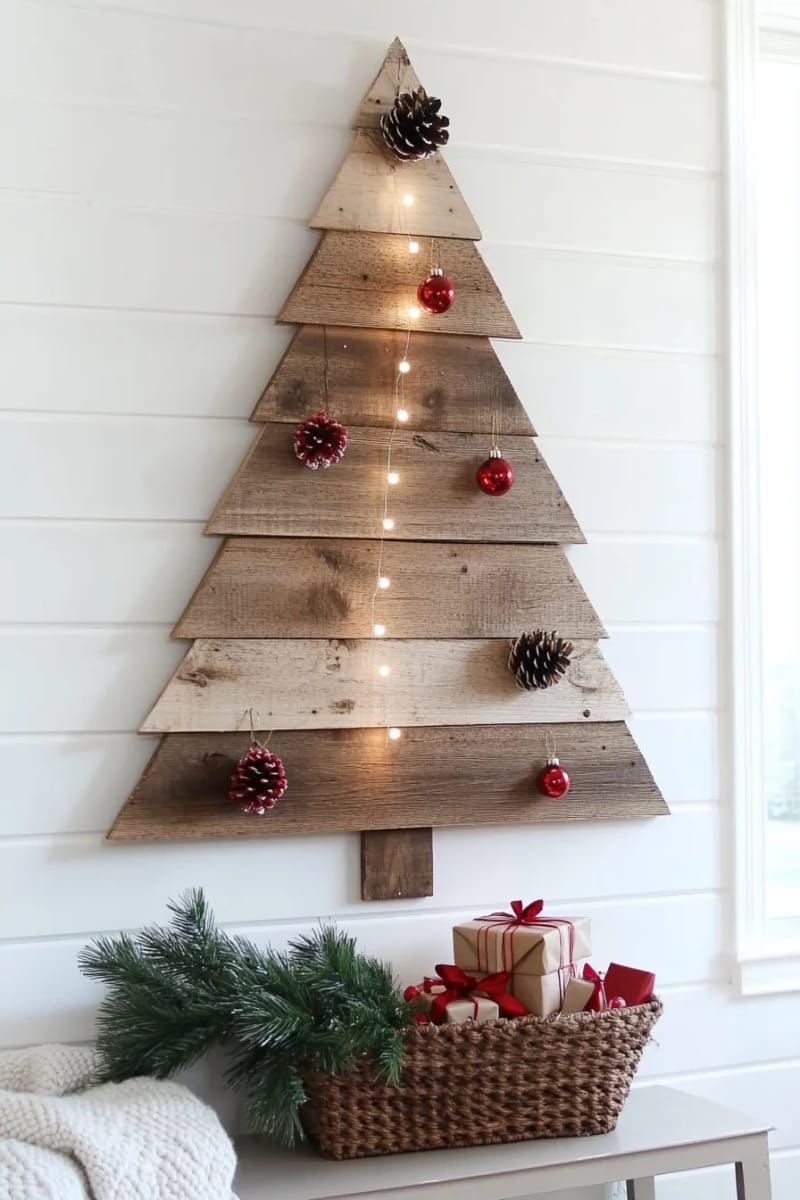 wooden pallet christmas tree wall art with string light accents 1