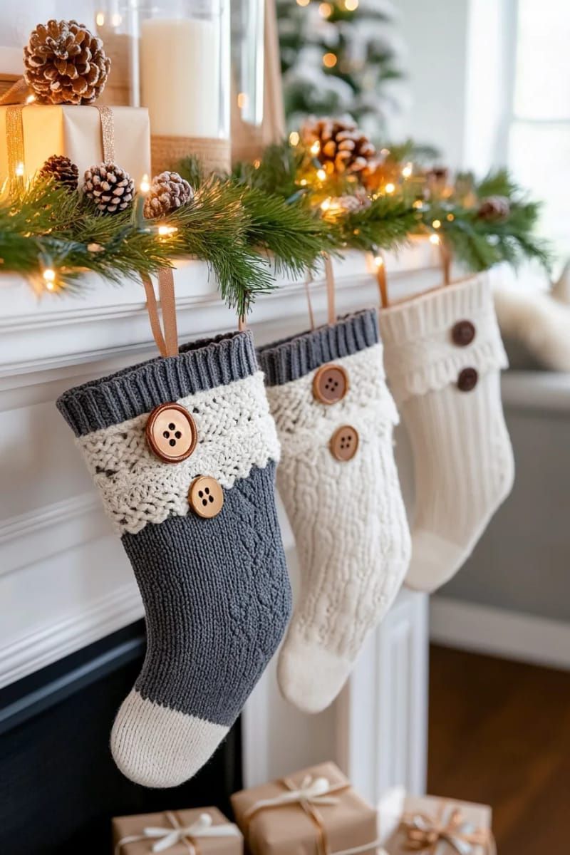 sweater-sleeve christmas stockings with lace and button embellishments 1