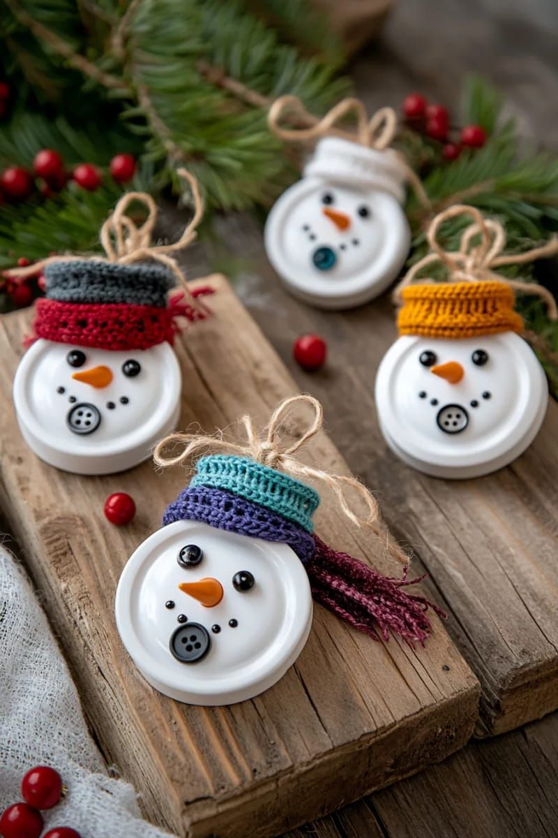 bottle or jar cap snowmen ornaments with button scarves and painted faces 1