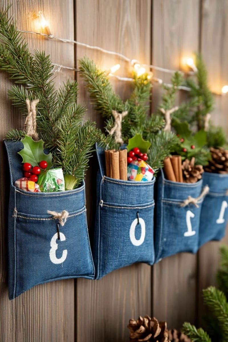 denim pocket advent calendar with embroidered numbers and candy treats 1