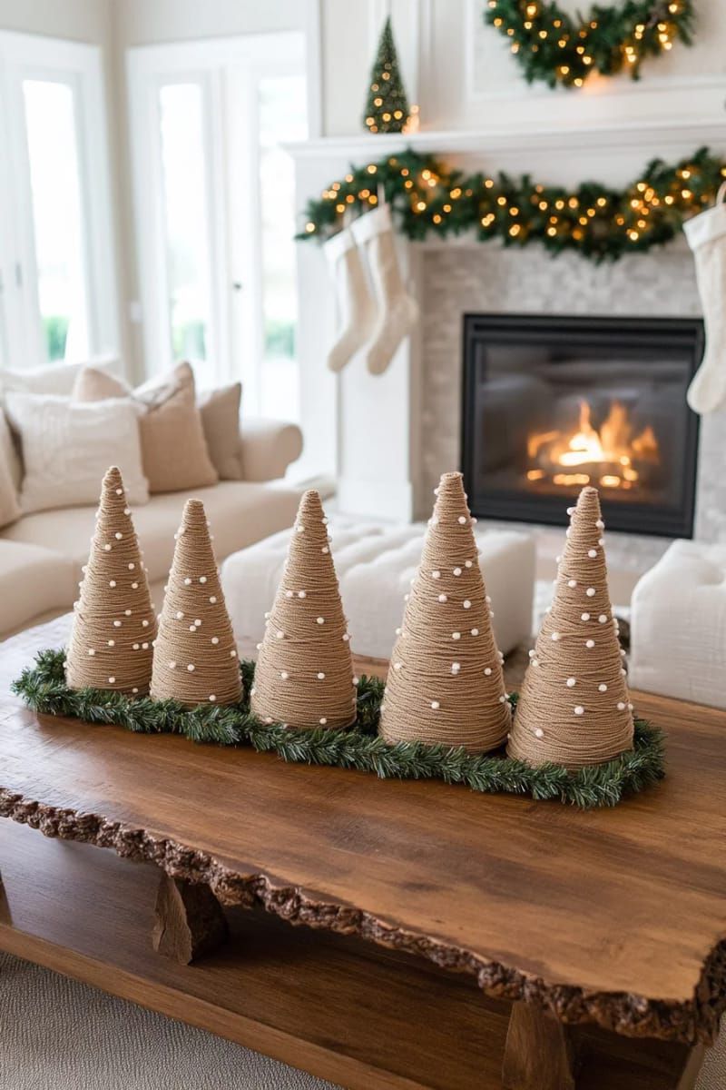 yarn-wrapped cardboard trees with pearl bead garlands 1