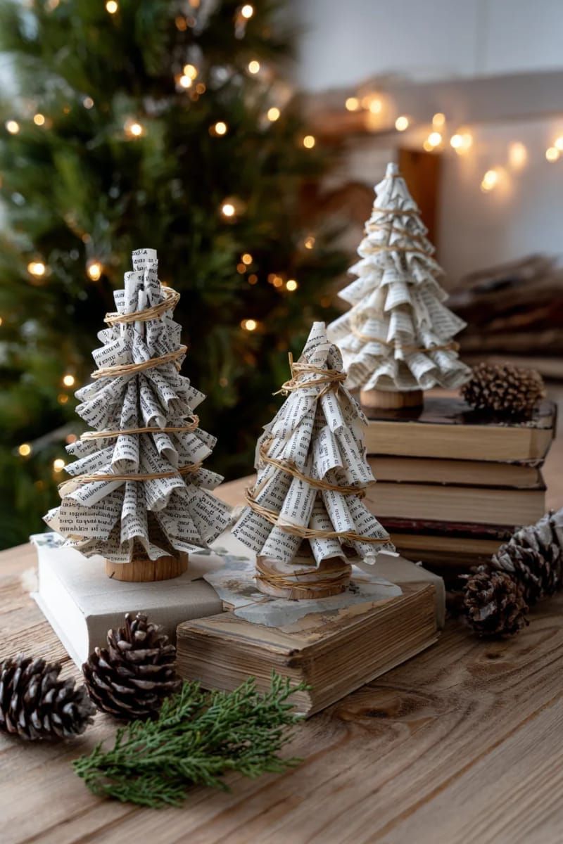 mini christmas trees made from rolled book pages and twine garlands 1