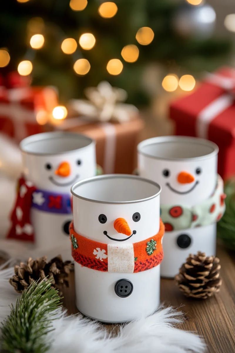 tin can snowman family centerpiece with painted carrot noses 1