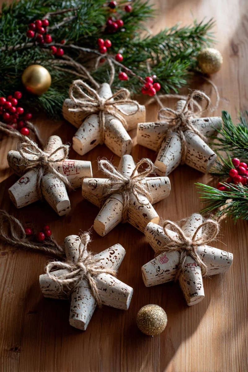 wine cork christmas stars tied with rustic twine bows 1