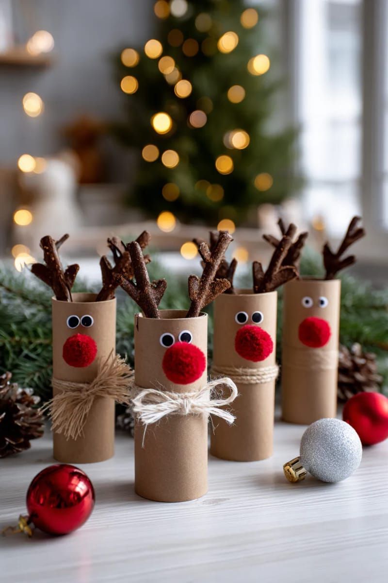 toilet paper roll reindeer with twig antlers and red pom-pom noses 1