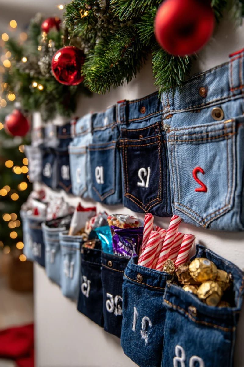 denim pocket advent calendar with embroidered numbers and candy treats 1