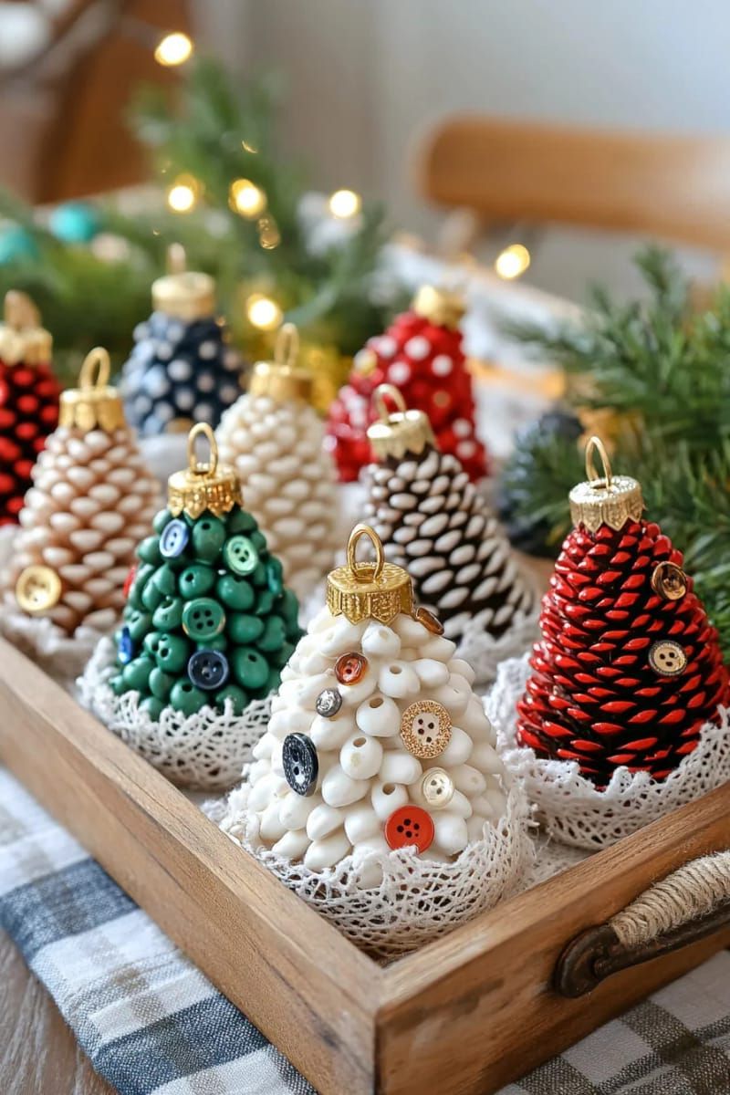 pinecone christmas trees decorated with vintage buttons and beads 1
