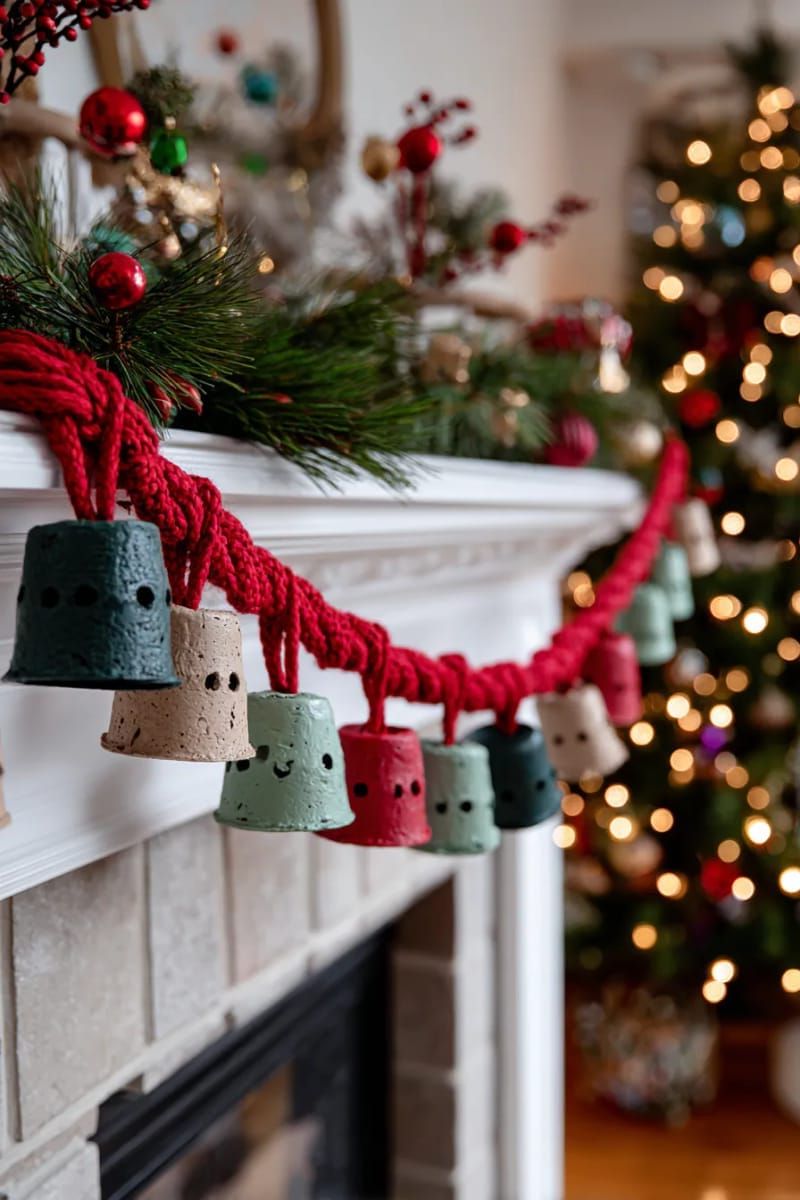 egg carton bells strung together with red and green yarn 1