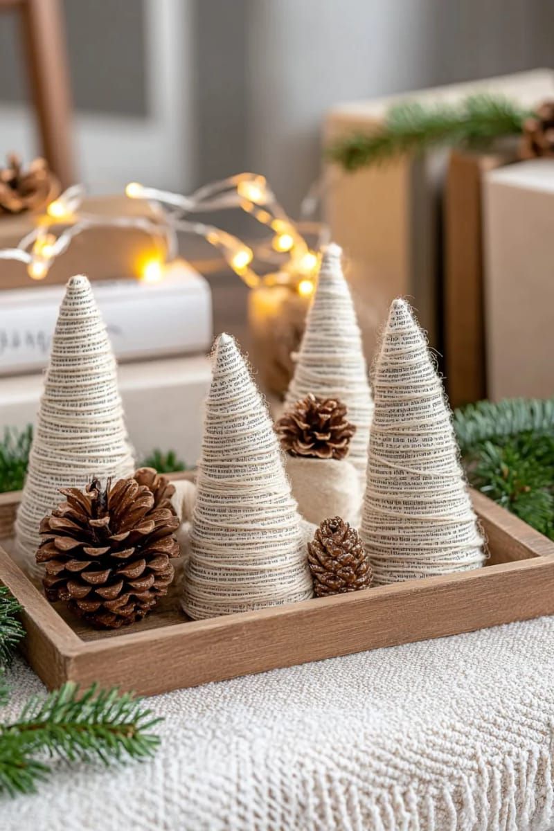mini christmas trees made from rolled book pages and twine garlands 1