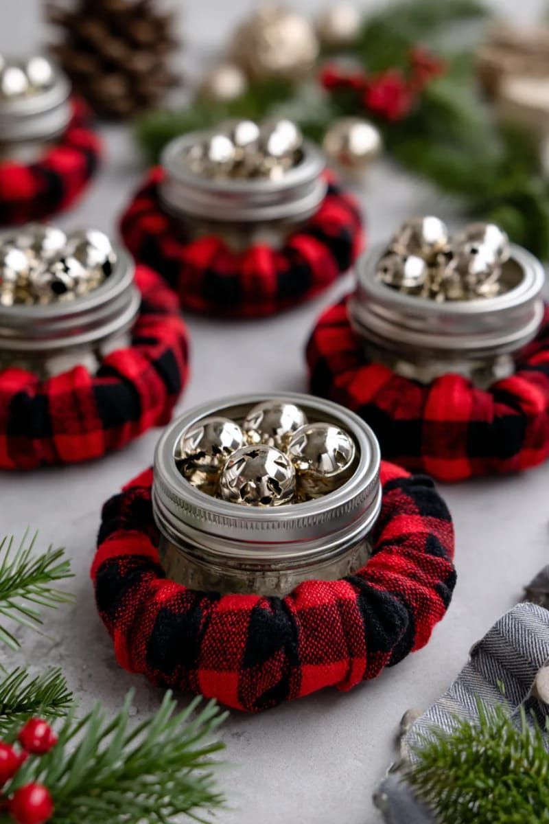 mason jar lid wreaths wrapped in plaid fabric and tiny bells 1