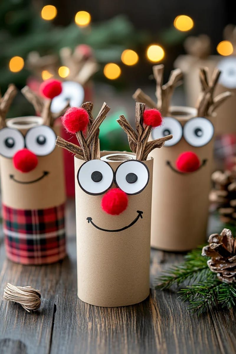 toilet paper roll reindeer with twig antlers and red pom-pom noses 1