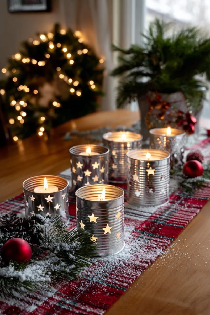 soup can lanterns with star-shaped cutouts and tea lights inside 1