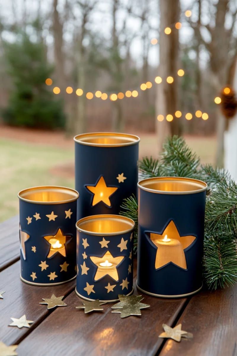 soup can lanterns with star-shaped cutouts and tea lights inside 1