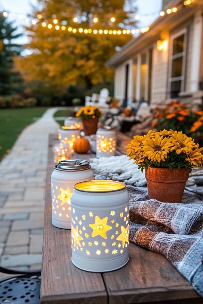 soup can lanterns with star-shaped cutouts and tea lights inside 1