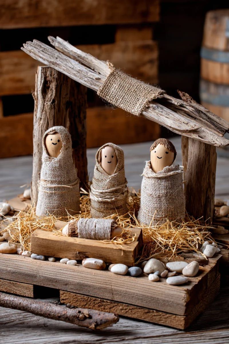 mini pallet nativity scene with driftwood and burlap details 1
