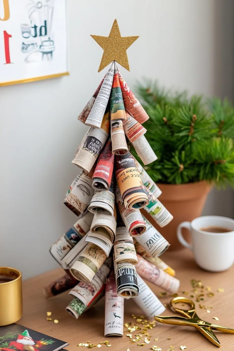 magazine page tree sculpture with a gold paper star topper 1