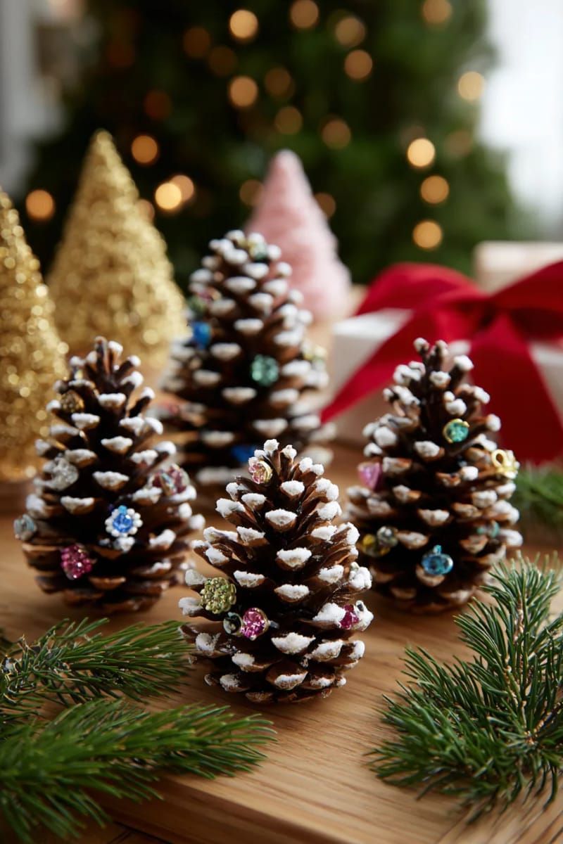 pinecone christmas trees decorated with vintage buttons and beads 1
