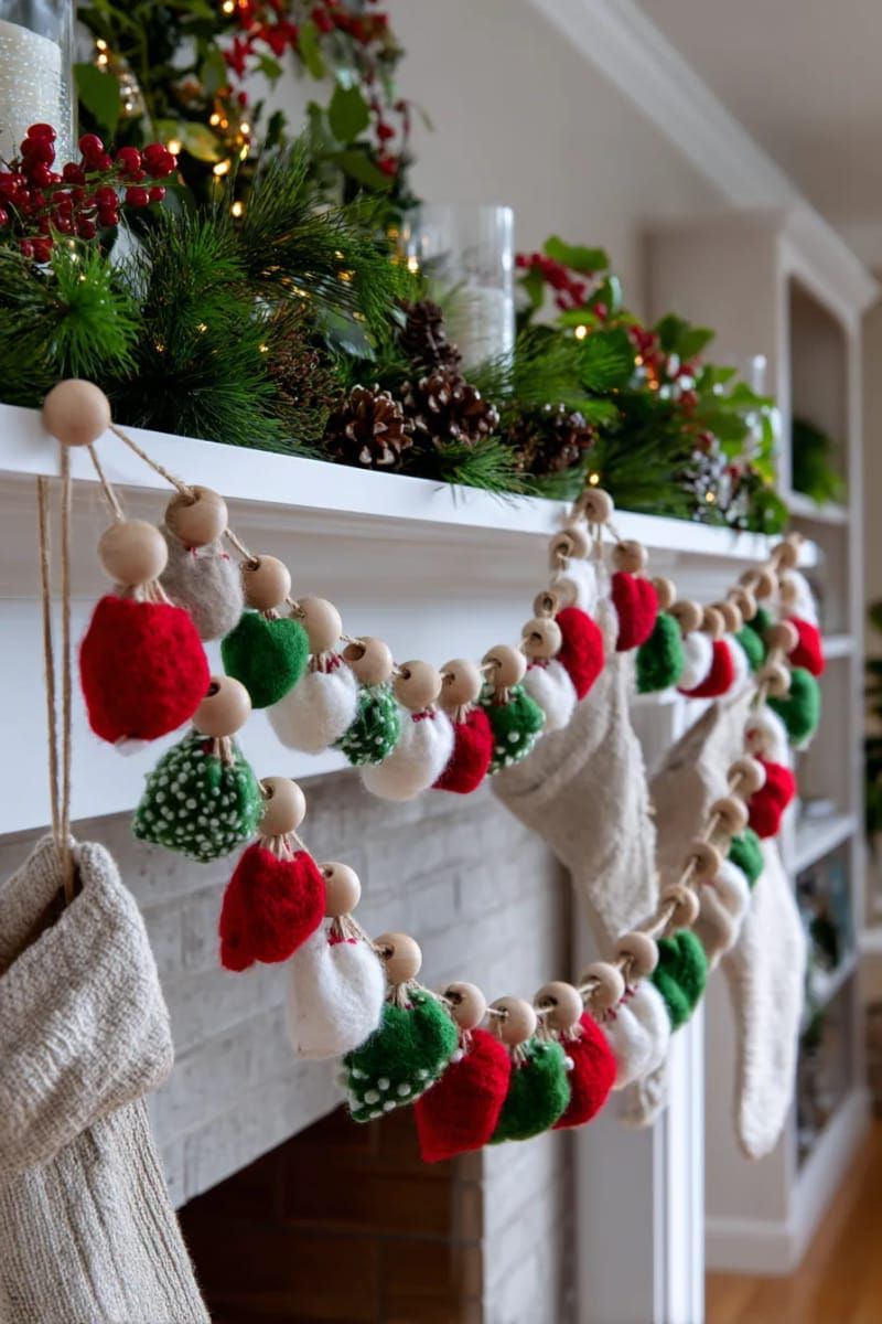 holiday garland using felted wool sweater scraps and wooden beads 1