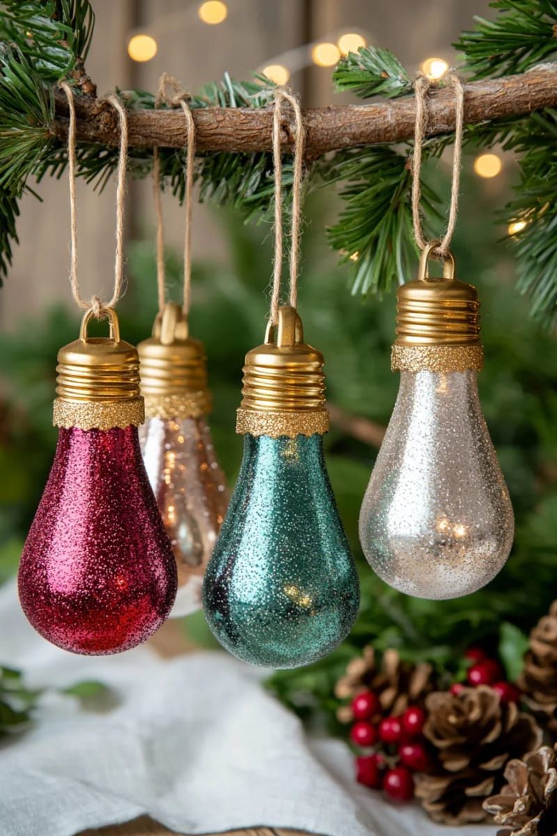 vintage light bulb ornaments dipped in metallic paint and glitter 1