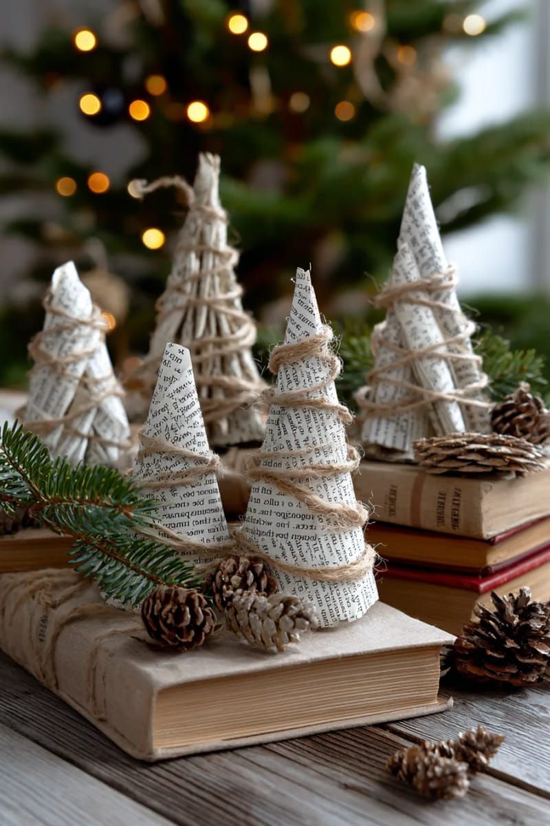 mini christmas trees made from rolled book pages and twine garlands 1