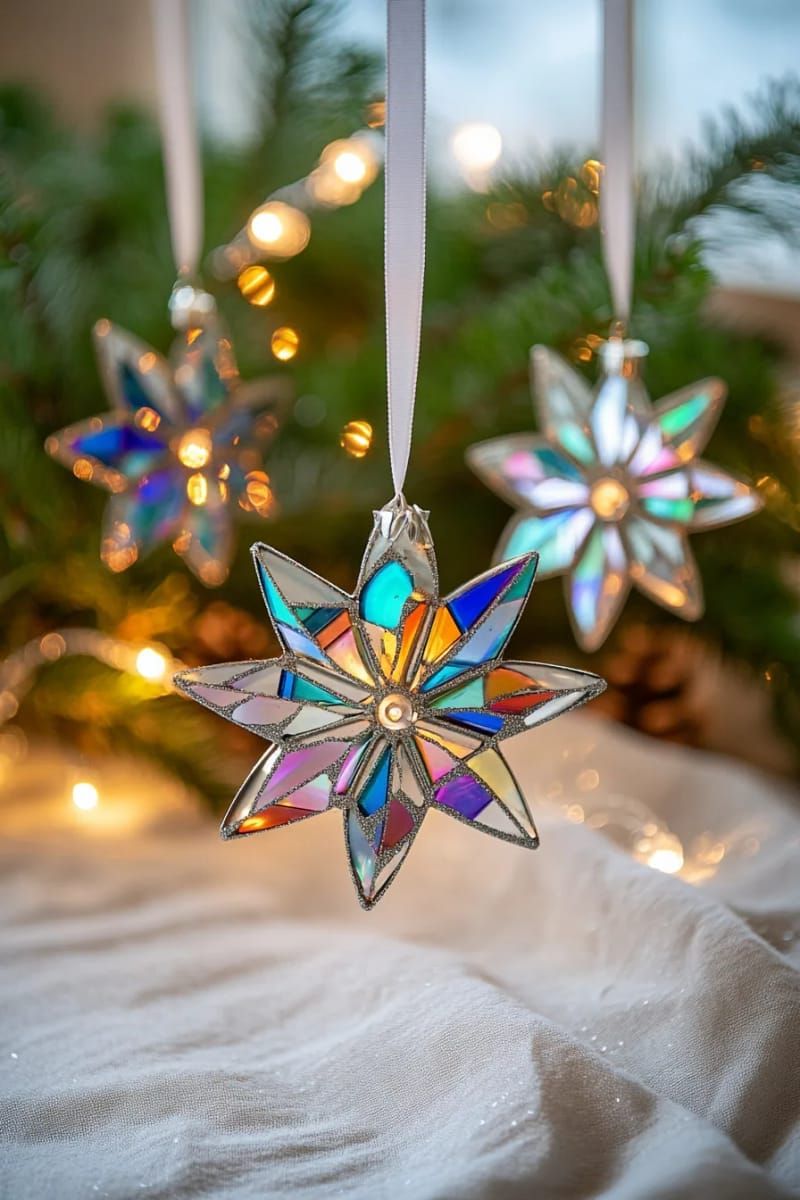 shimmering cd shard snowflake ornaments with ribbon hangers 1