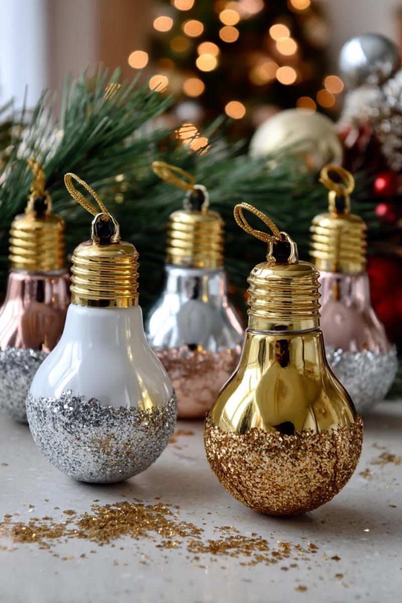vintage light bulb ornaments dipped in metallic paint and glitter 1