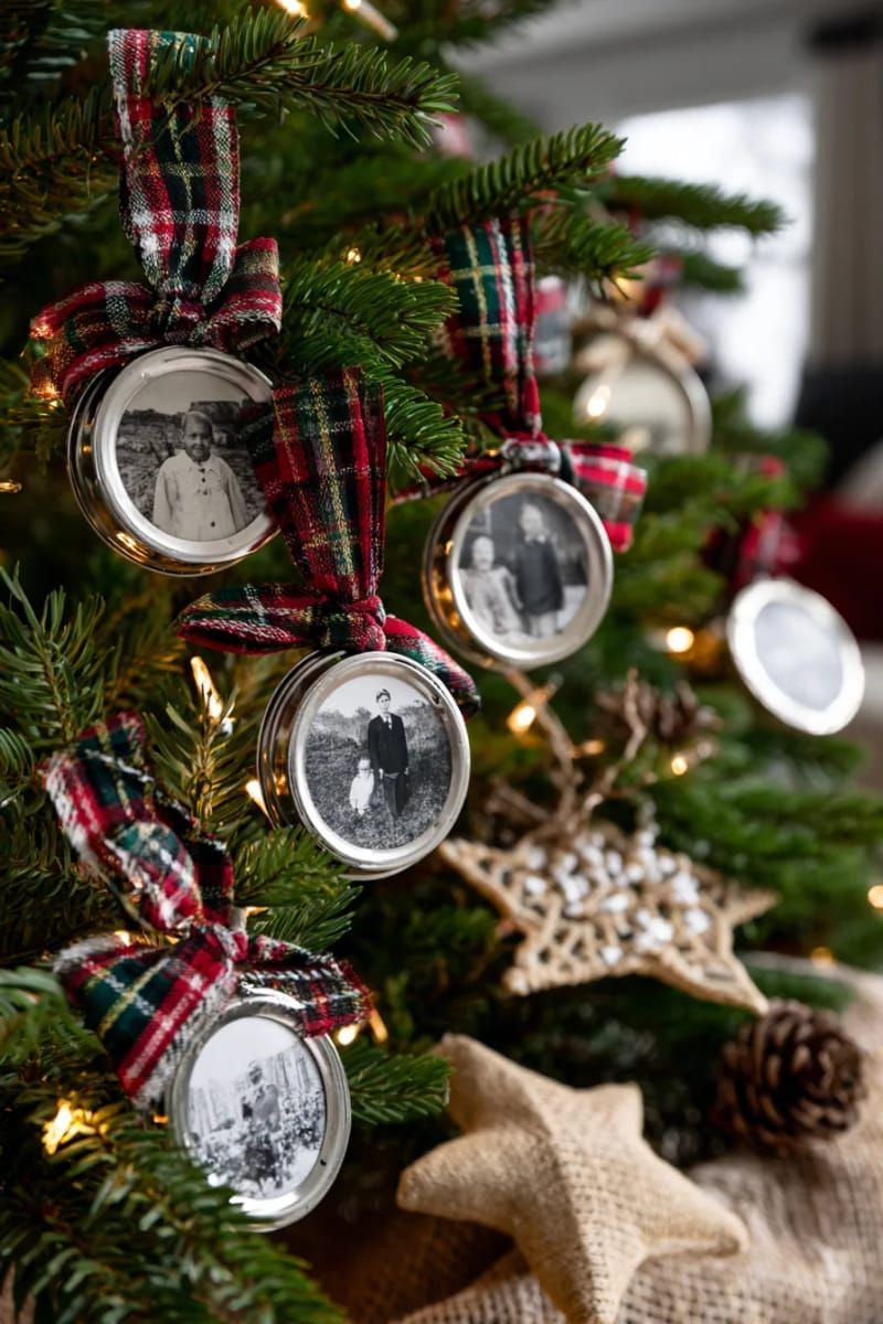 upcycled tin lid photo ornaments with plaid ribbon loops 1