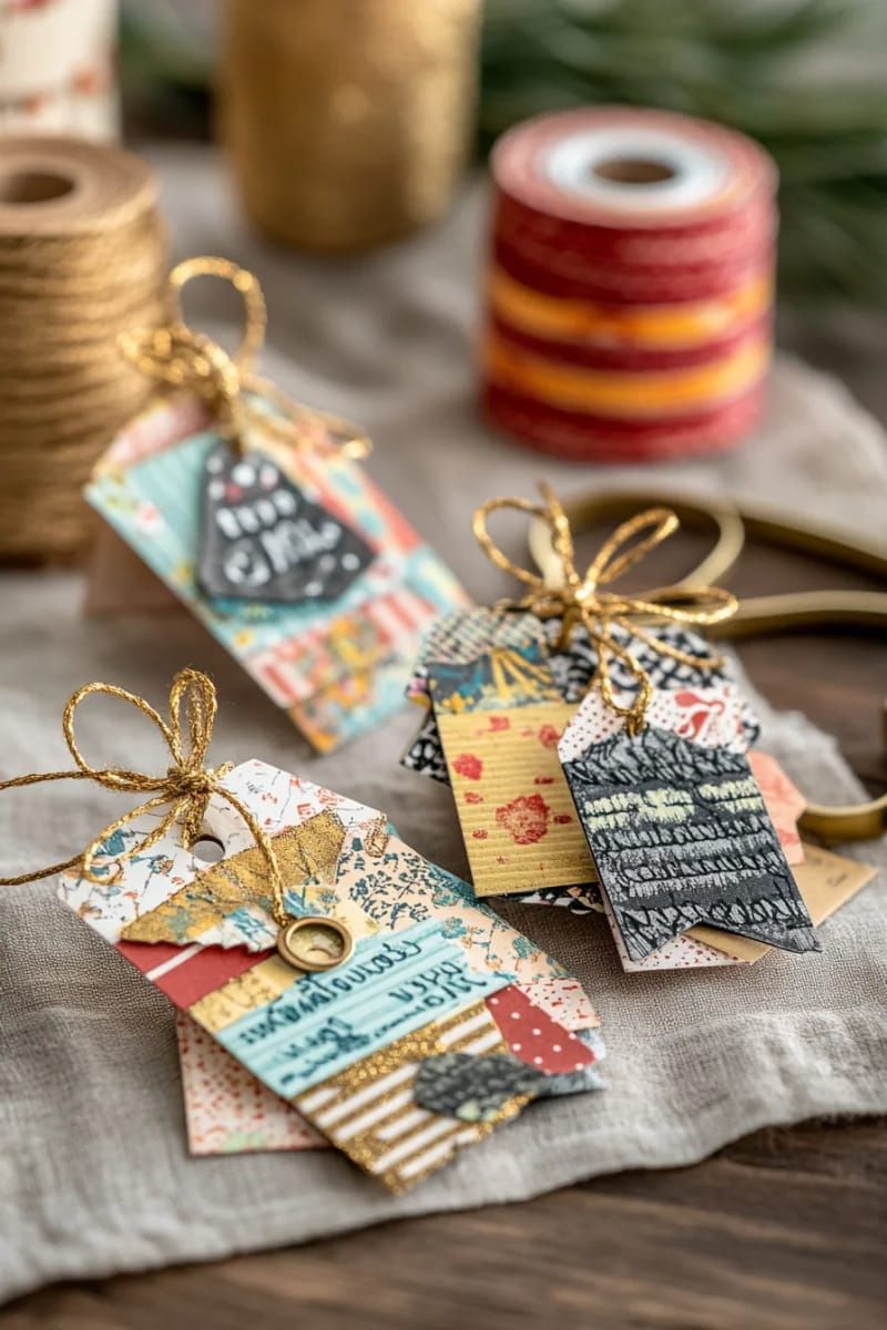 upcycled greeting card gift tags with gold ribbon and hand lettering 1