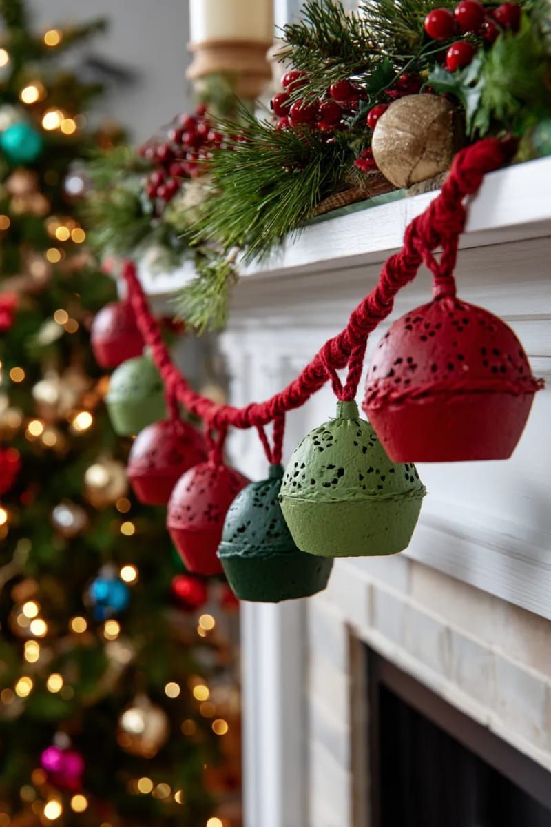 egg carton bells strung together with red and green yarn 1