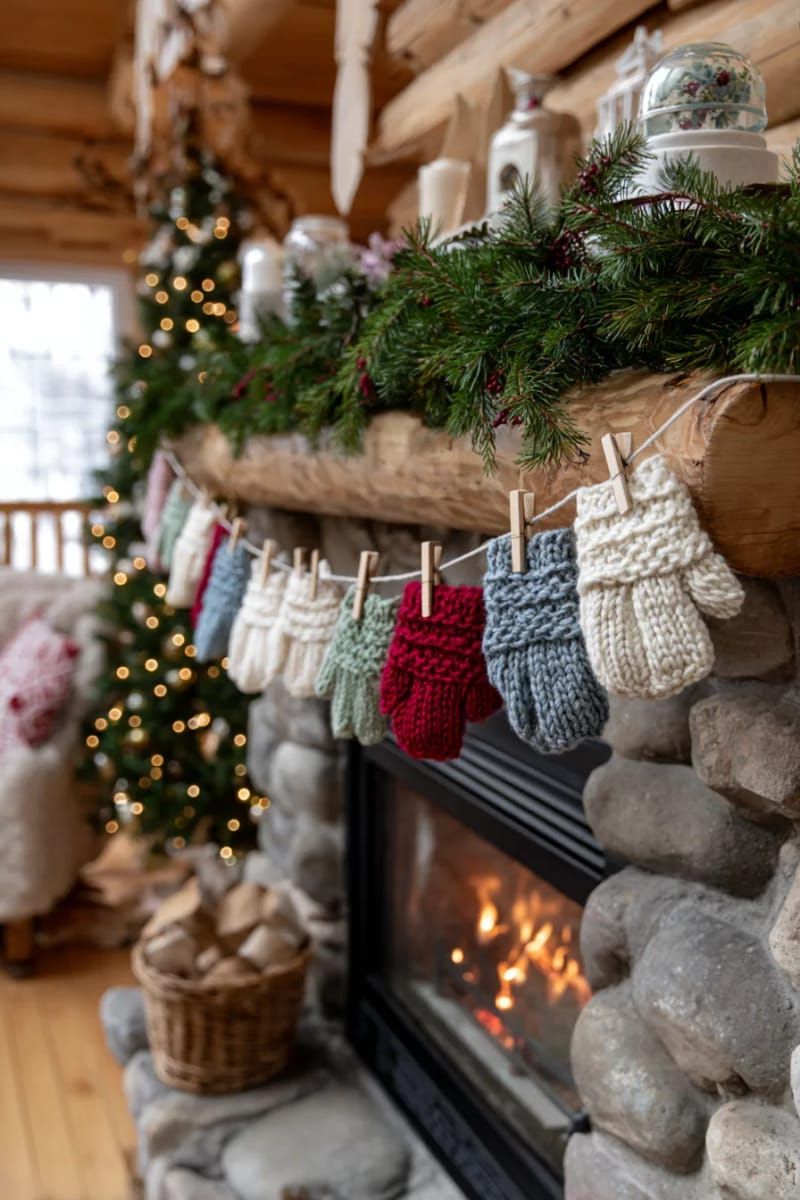 mini mitten garland strung across window frames 1