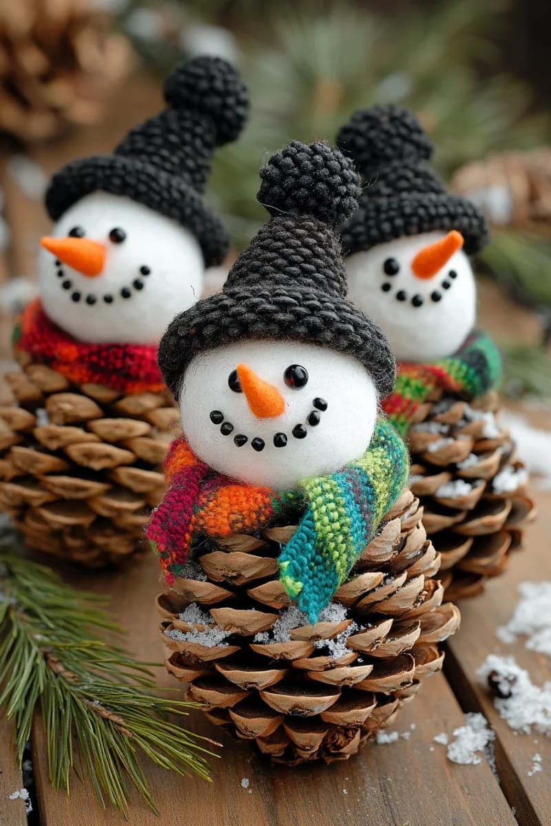 pinecone snowman family with felt scarves and button hats 1
