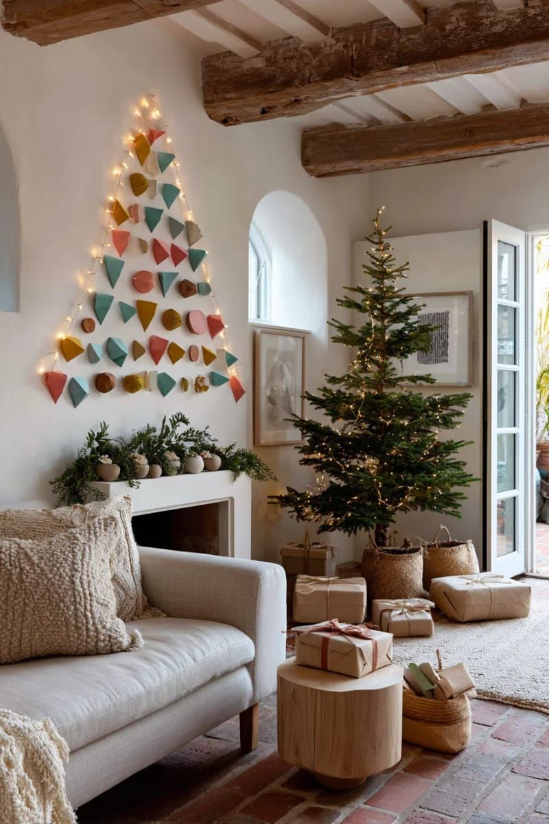 wall tree with colorful geometric paper ornaments and string lights 1