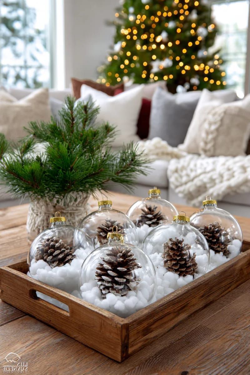 clear christmas balls filled with faux snow and mini pinecones 1