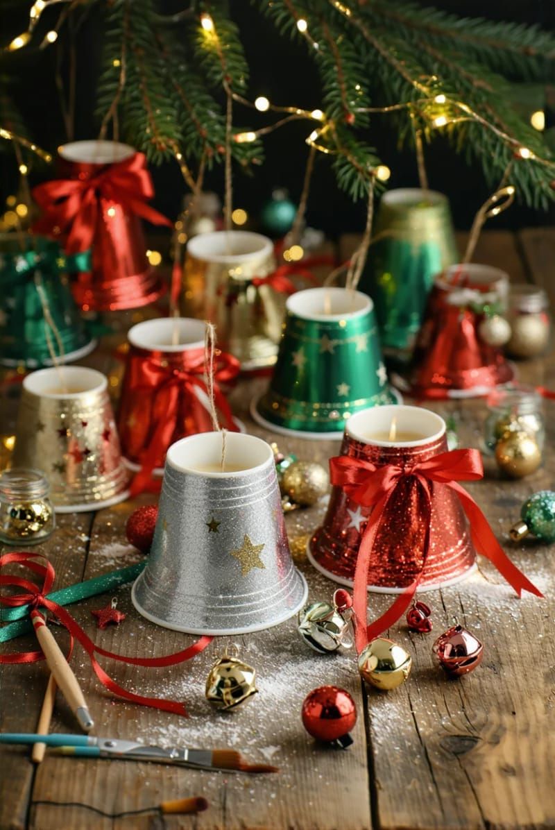 bell-shaped ornaments from painted plastic cups and jingle bells 1
