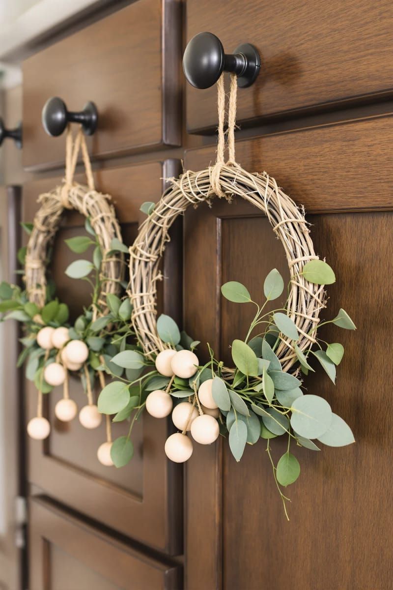 mini rustic wreaths with eucalyptus and wooden beads for natural vibes 1