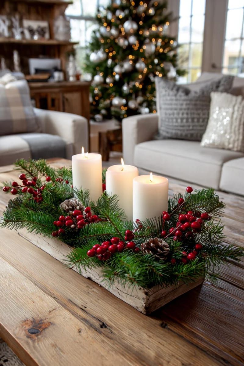 nature-inspired centerpiece with pine branches, candles, and cranberries 1