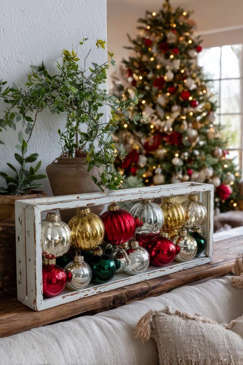 framed ornament shadow box featuring vintage balls and velvet ribbon 1