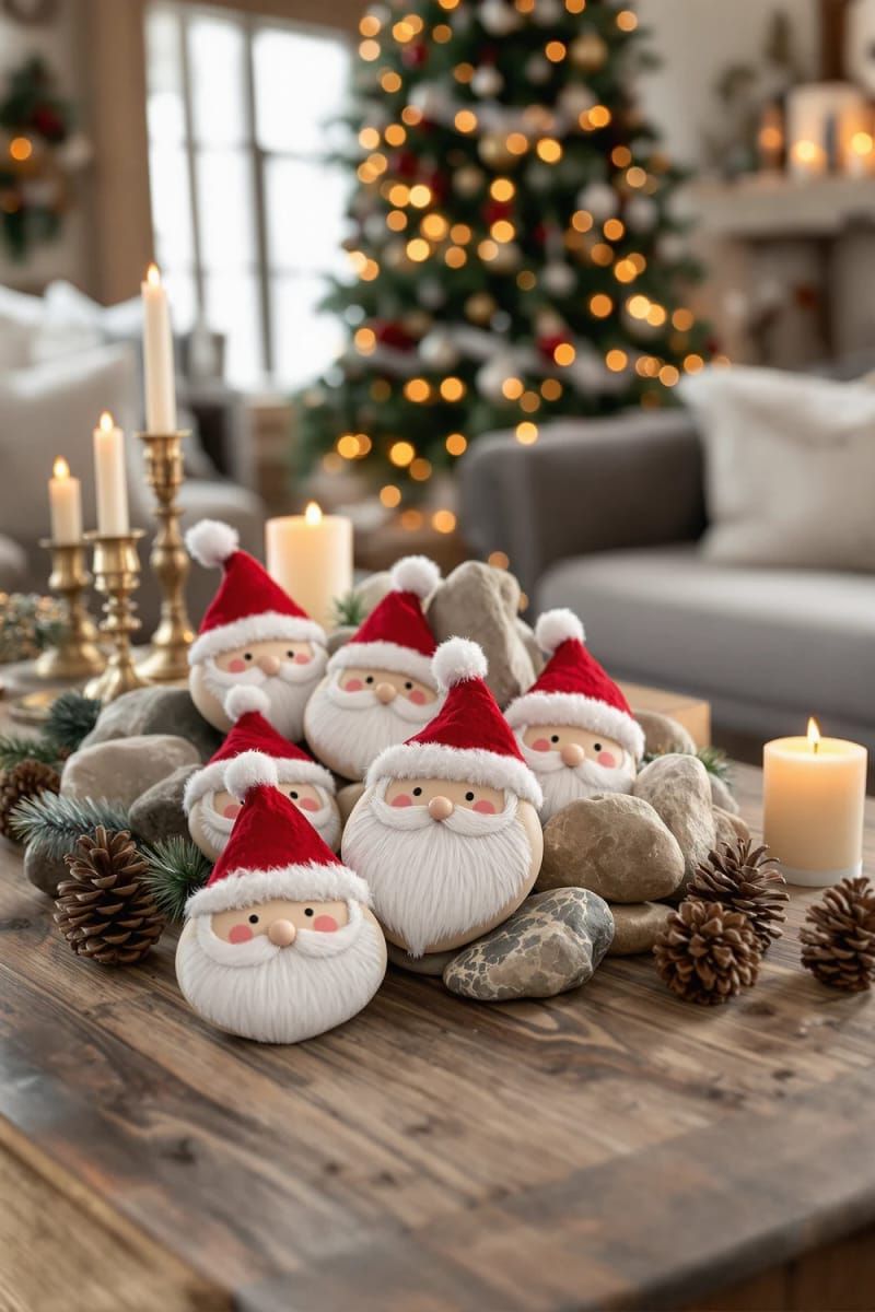 santa stone faces painted on smooth river rocks for mantel decor 1