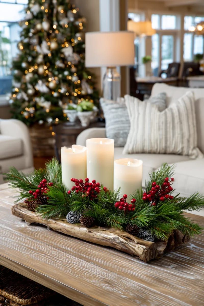 nature-inspired centerpiece with pine branches, candles, and cranberries 1