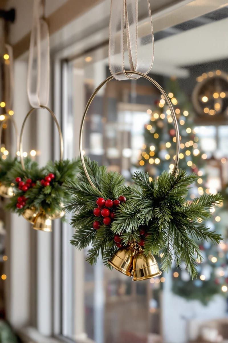 circular “floating” hoop wreaths with pine, berries, and metallic bells 1