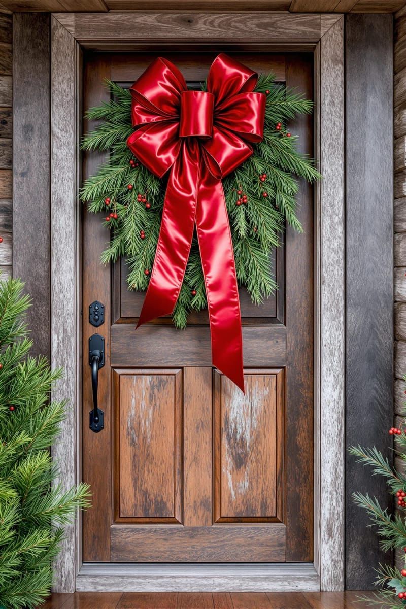 giant ribbon bow with greenery on stair banisters or front doors 1