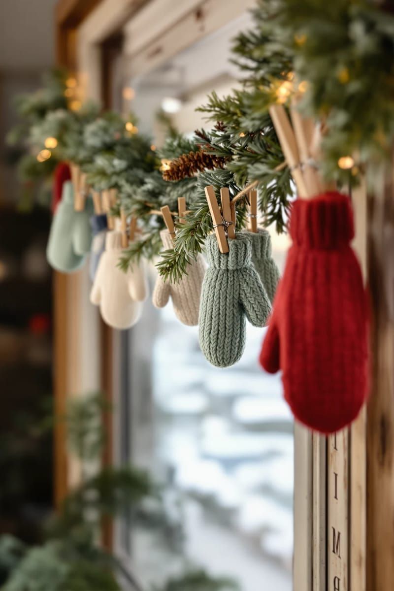 mini mitten garland strung across window frames 1