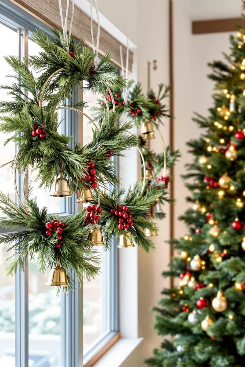 circular “floating” hoop wreaths with pine, berries, and metallic bells 1