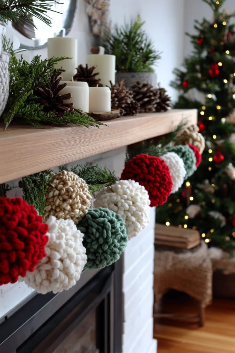 chunky yarn pom-pom garland for the mantel or tree 1