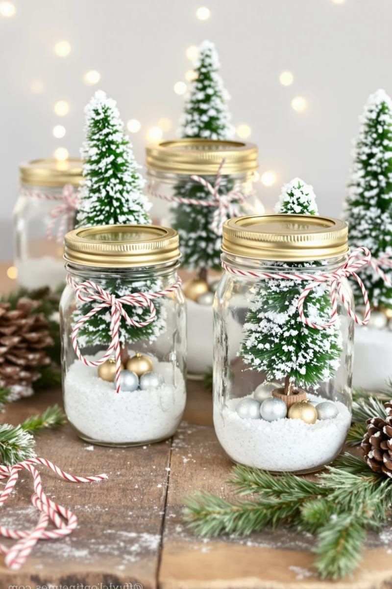 mason jar snow globes with bottle brush trees and glitter 1