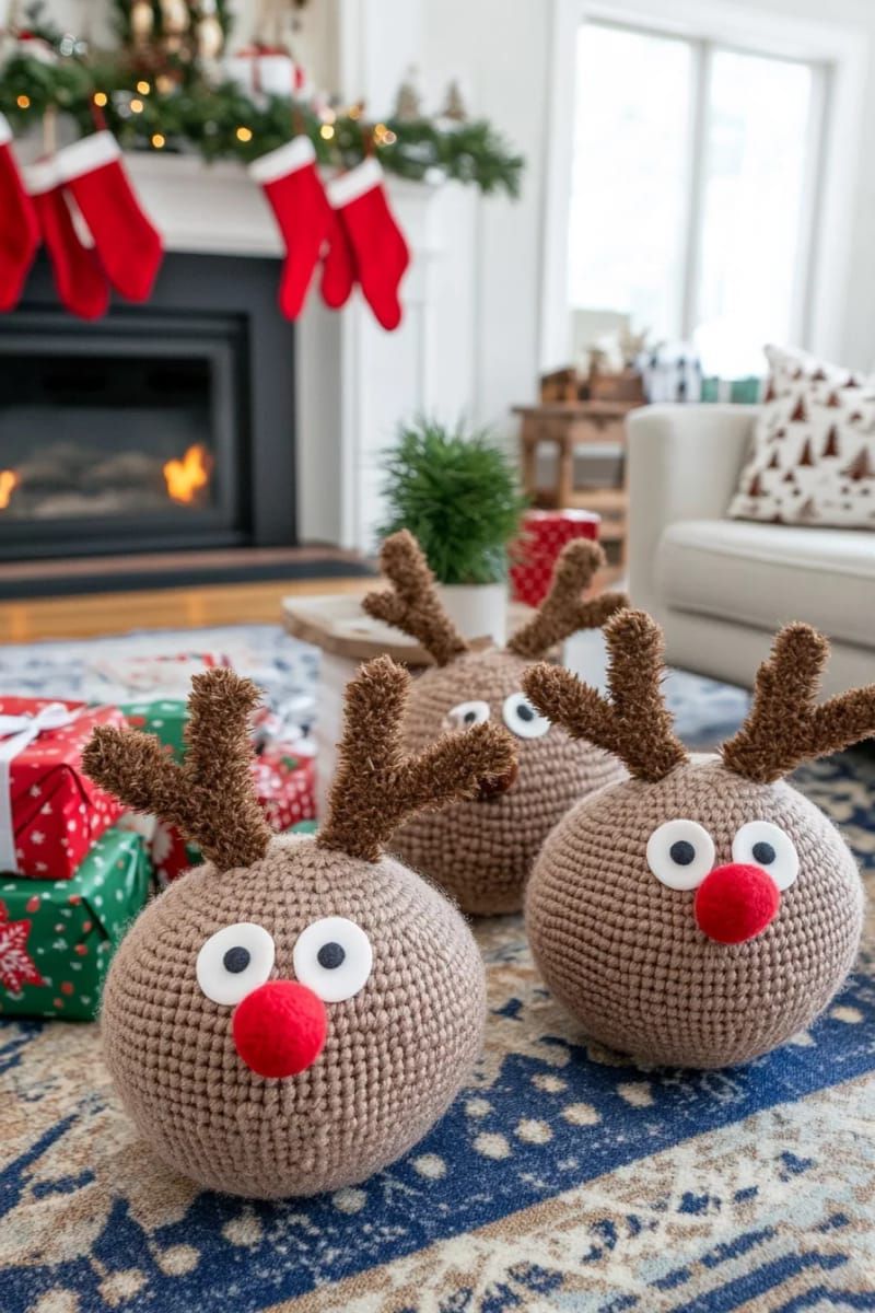 pom-pom reindeer faces using brown yarn and red felt noses 1