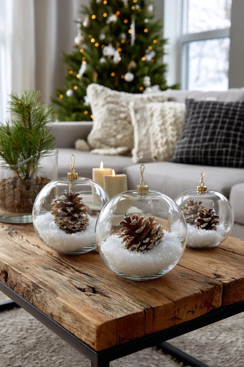 clear christmas balls filled with faux snow and mini pinecones 1