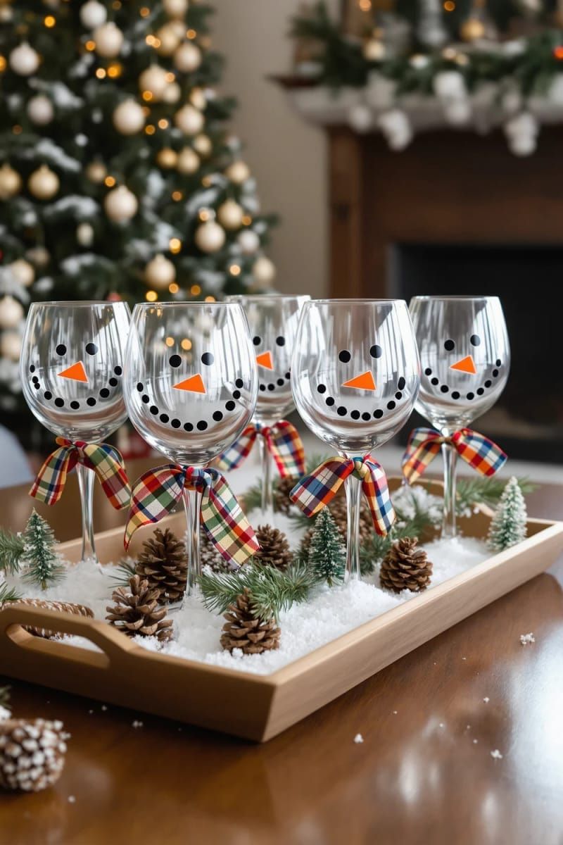 wine glass snowmen with painted faces and mini scarves 1